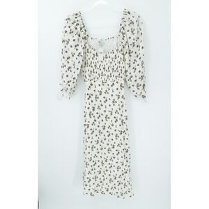 Faithfull The Brand Midi Dress 6 Cream Floral Puff Sleeve Smocked Cottagecore‎